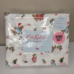 Cath Kidston King Sheet Set Christmas Pink Puppy Love Dog Print Cotton Bedding